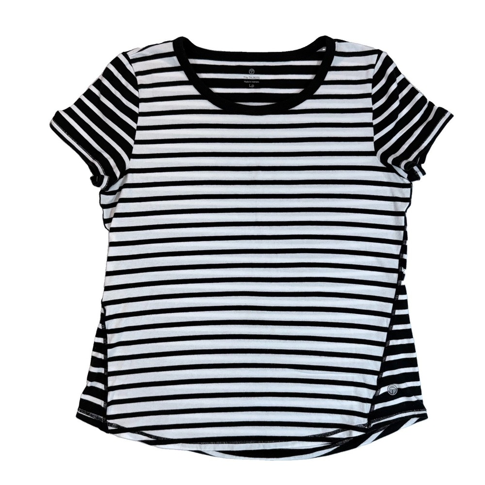 T by Talbots LP Large Petite Black White Striped Scoop Neck Short Sleeve Tee Top